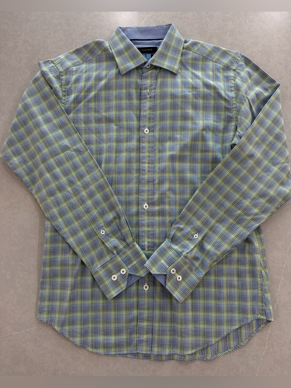 BUGATCHI Men's Green and Blue Plaid Button-Up Shirt